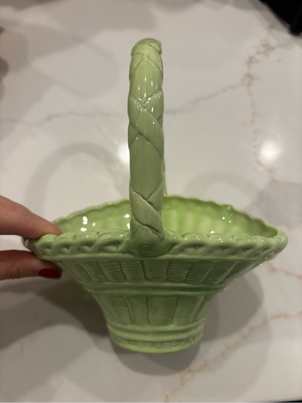 Vintage 1980s Ceramic Basket Green Woven Lattice Planter Retro Cottagecore Decor